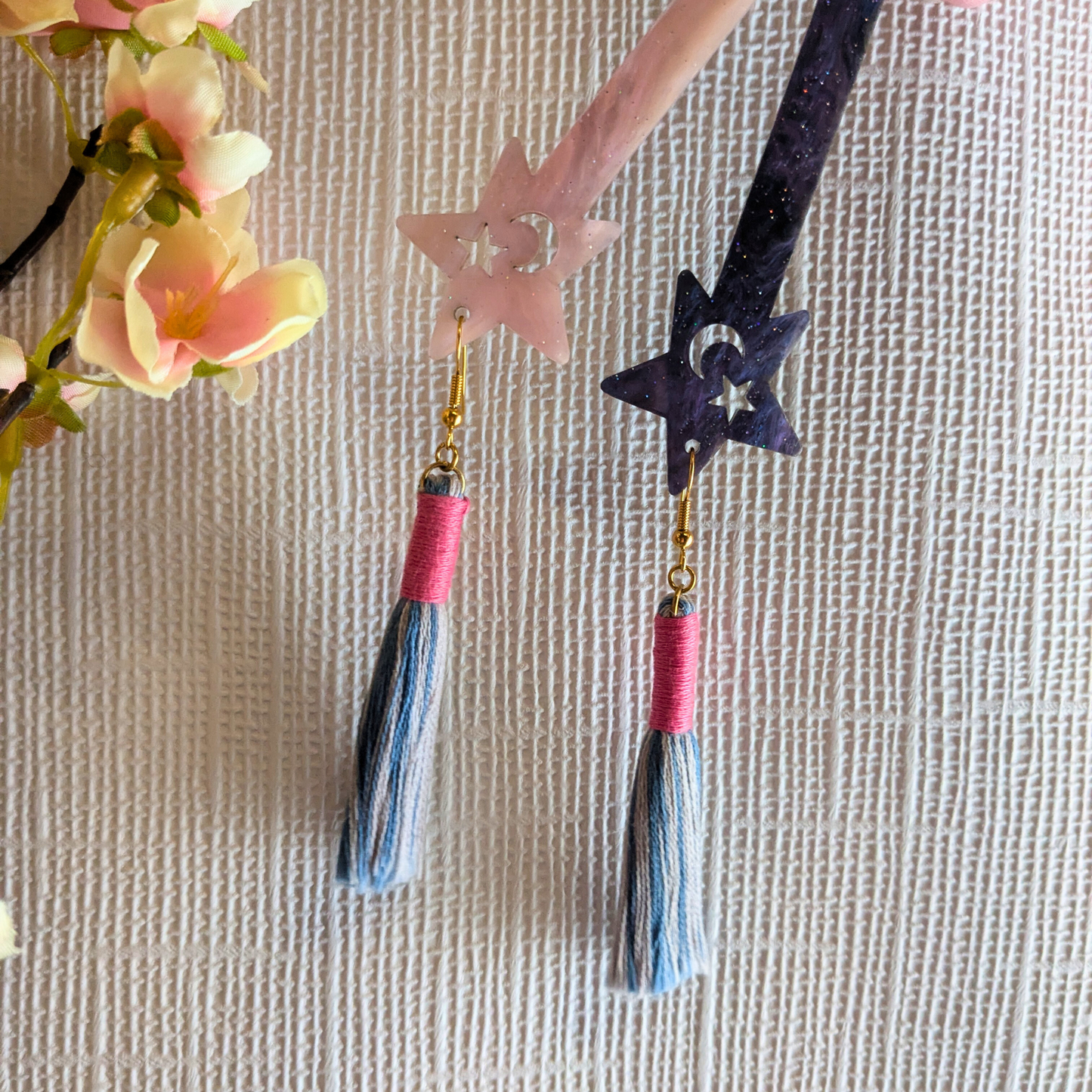 "Aurora" Blue Mix with Pink Contrast Wrap Tassel Earrings