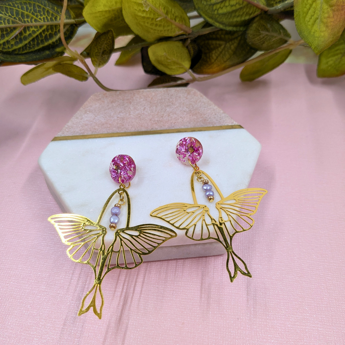 "Arlene" No Waste Pink Mystical Foil Resin Stud Dangles with Luna Moth Charm and Recycled Beads