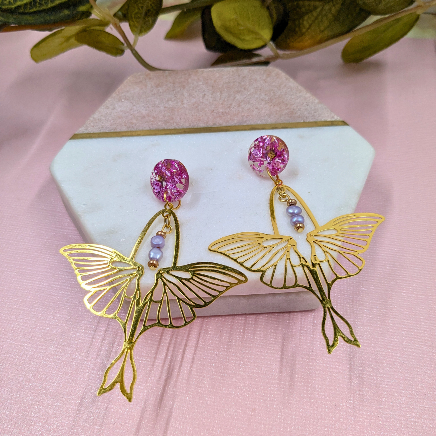 "Arlene" No Waste Pink Mystical Foil Resin Stud Dangles with Luna Moth Charm and Recycled Beads