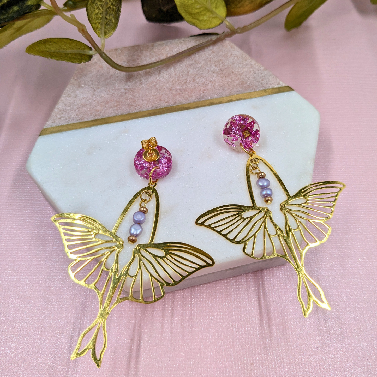 "Arlene" No Waste Pink Mystical Foil Resin Stud Dangles with Luna Moth Charm and Recycled Beads