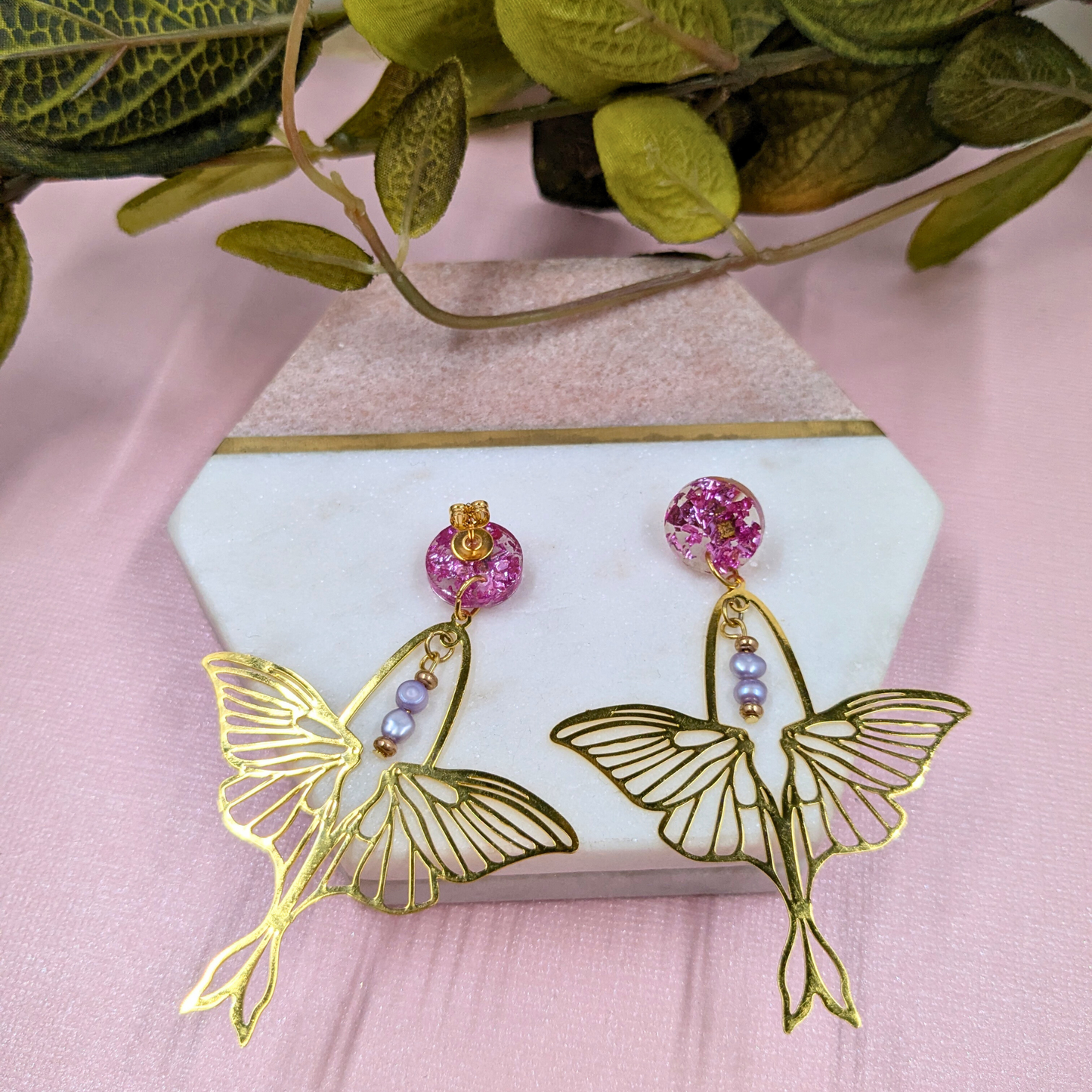 "Arlene" No Waste Pink Mystical Foil Resin Stud Dangles with Luna Moth Charm and Recycled Beads