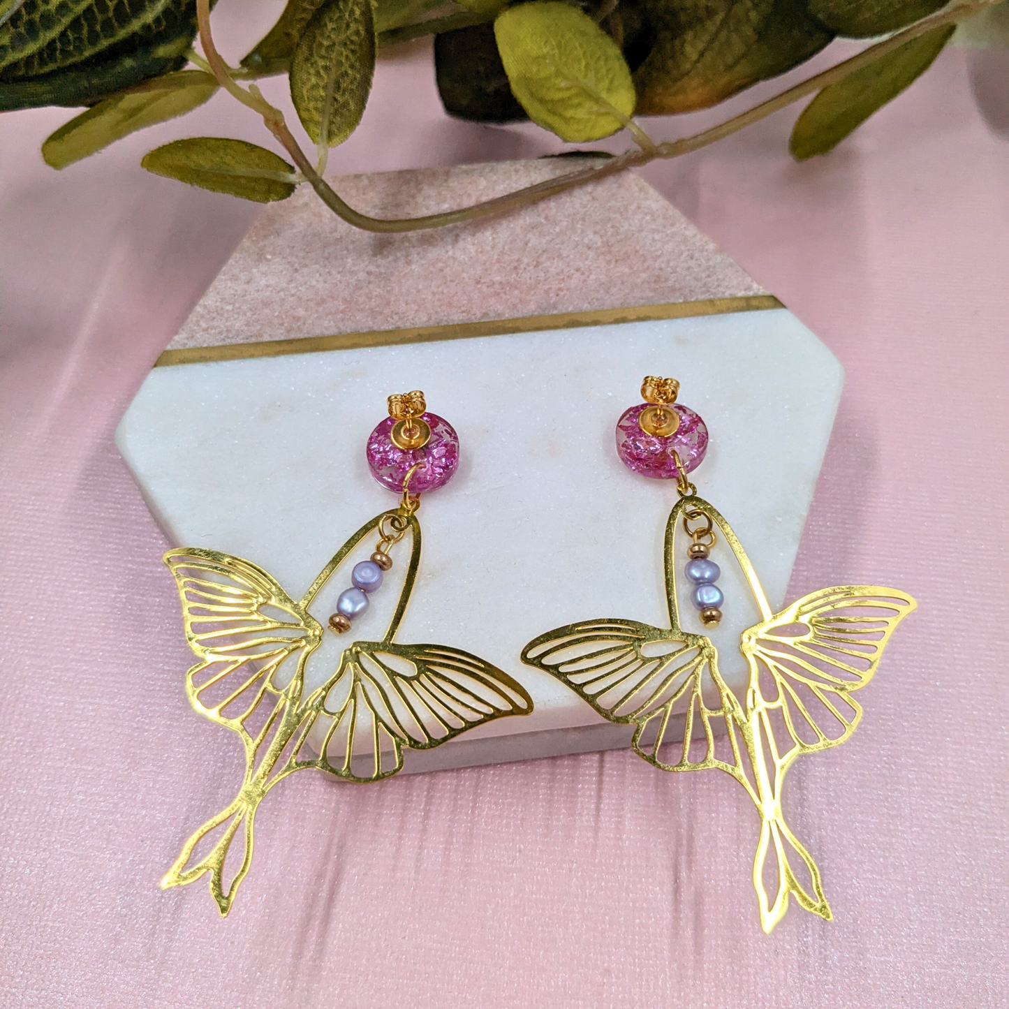 "Arlene" No Waste Pink Mystical Foil Resin Stud Dangles with Luna Moth Charm and Recycled Beads