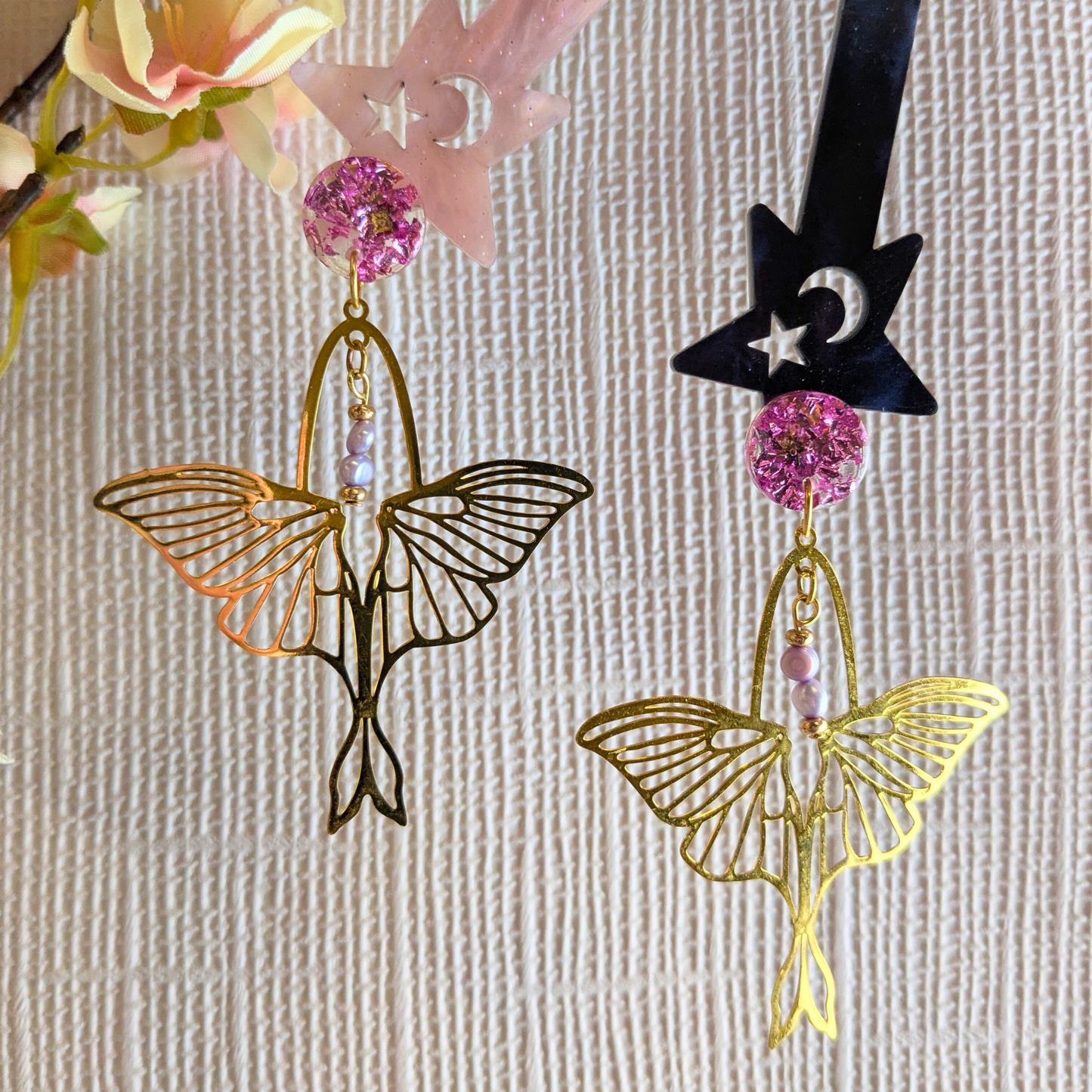 "Arlene" No Waste Pink Mystical Foil Resin Stud Dangles with Luna Moth Charm and Recycled Beads