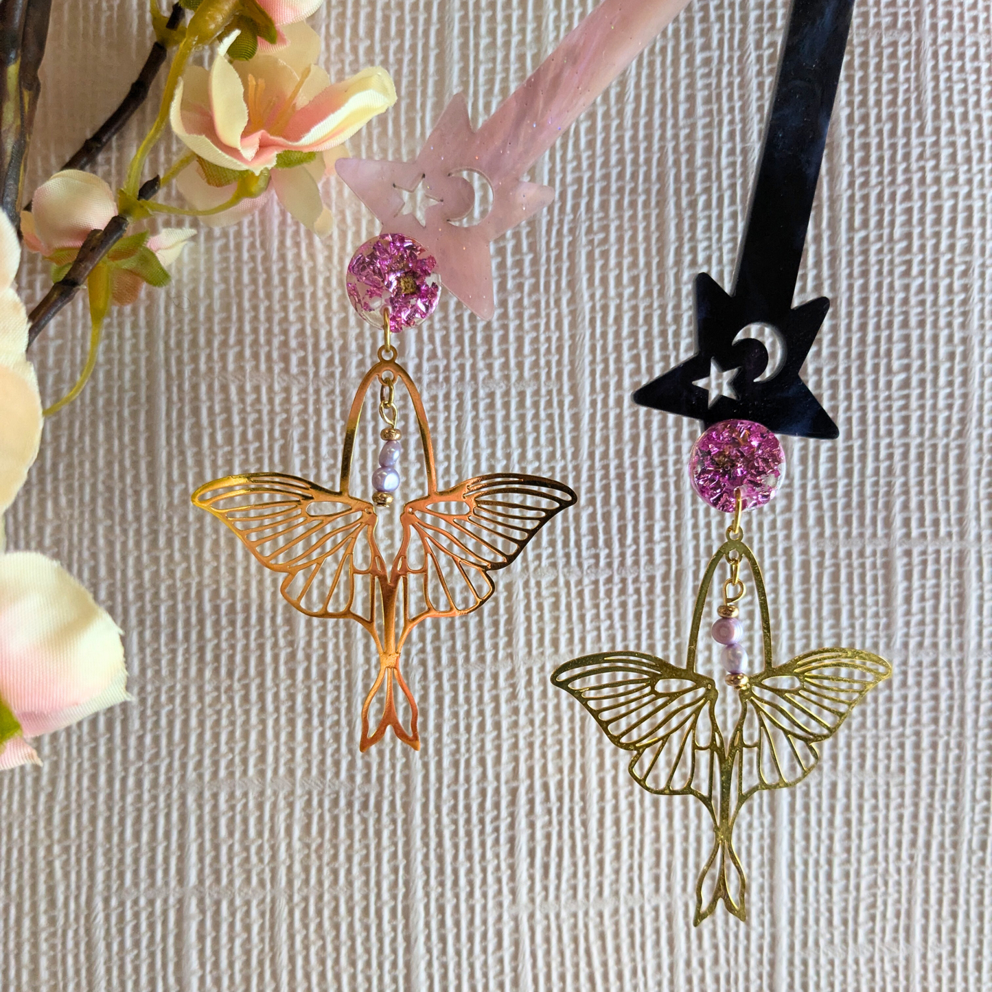 "Arlene" No Waste Pink Mystical Foil Resin Stud Dangles with Luna Moth Charm and Recycled Beads