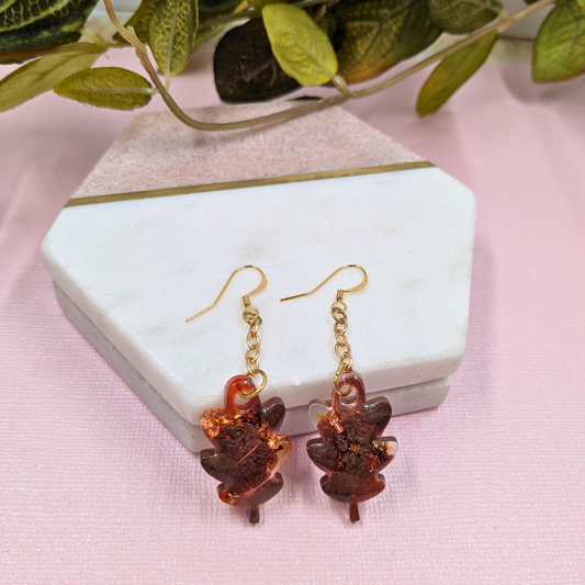 "Aspen" Metallic Brown with Copper Autumn Foil Chain Dangle Resin Leaf Earrings