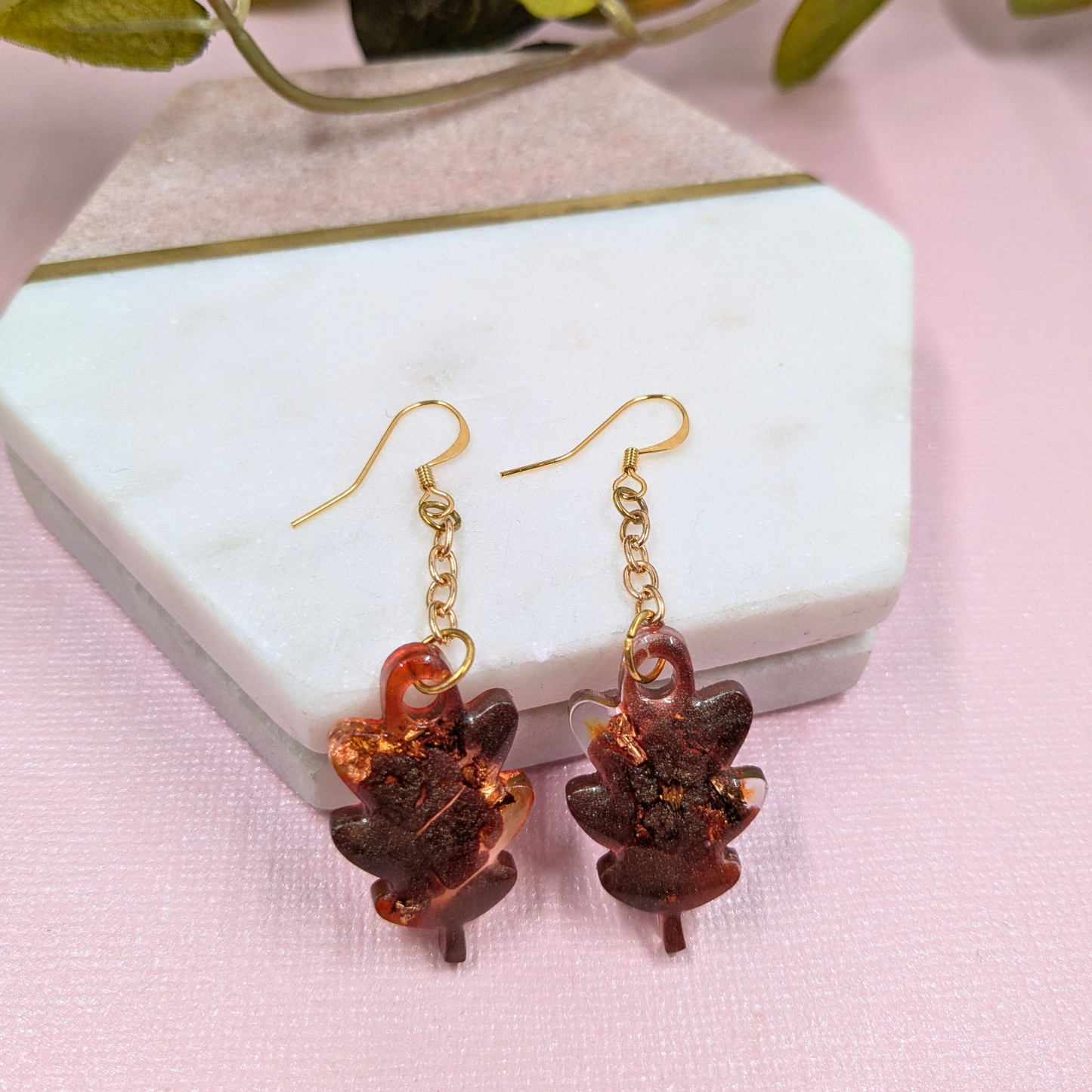 "Aspen" Metallic Brown with Copper Autumn Foil Chain Dangle Resin Leaf Earrings