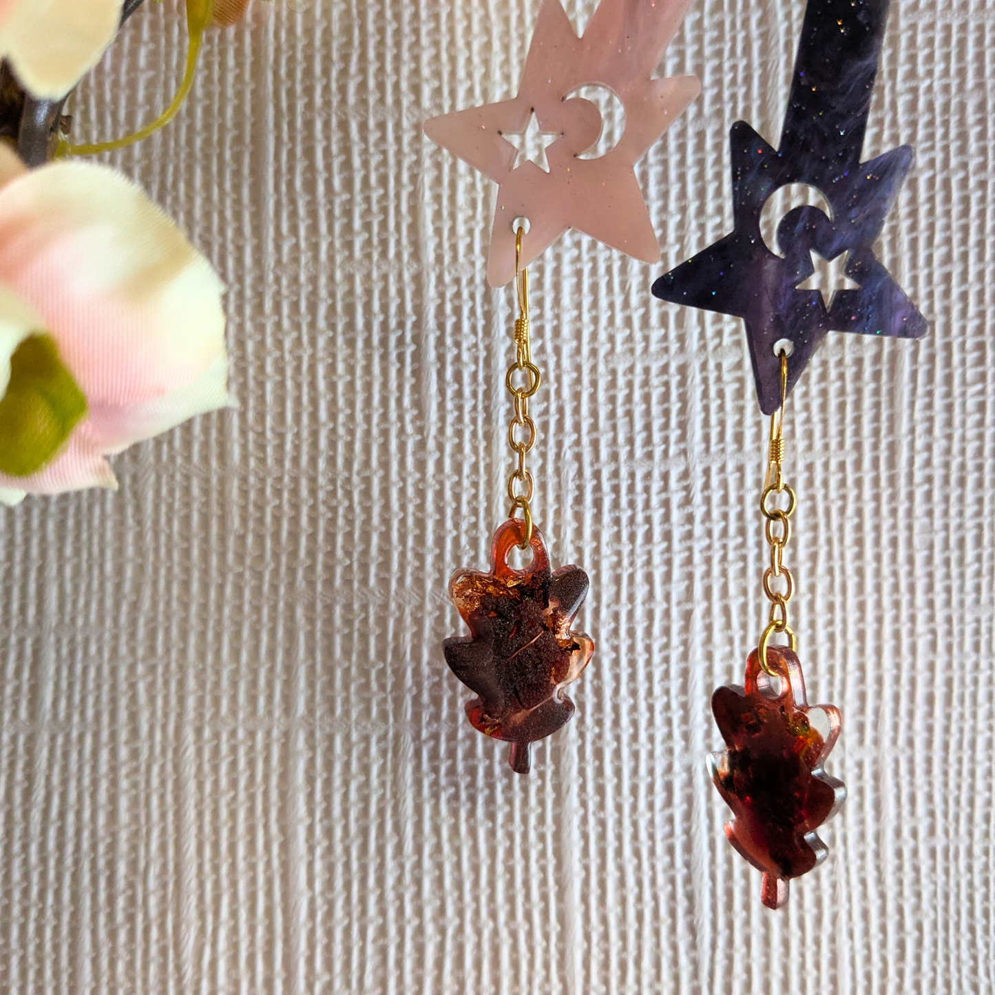 "Aspen" Metallic Brown with Copper Autumn Foil Chain Dangle Resin Leaf Earrings