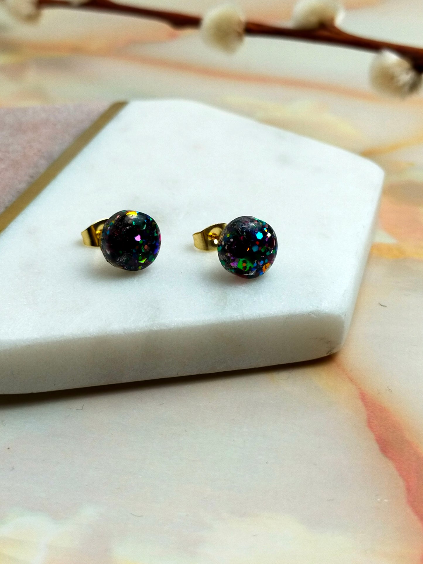 "Bridget" Dazzling Multi Glitter Coloured Small Resin Stud Earrings