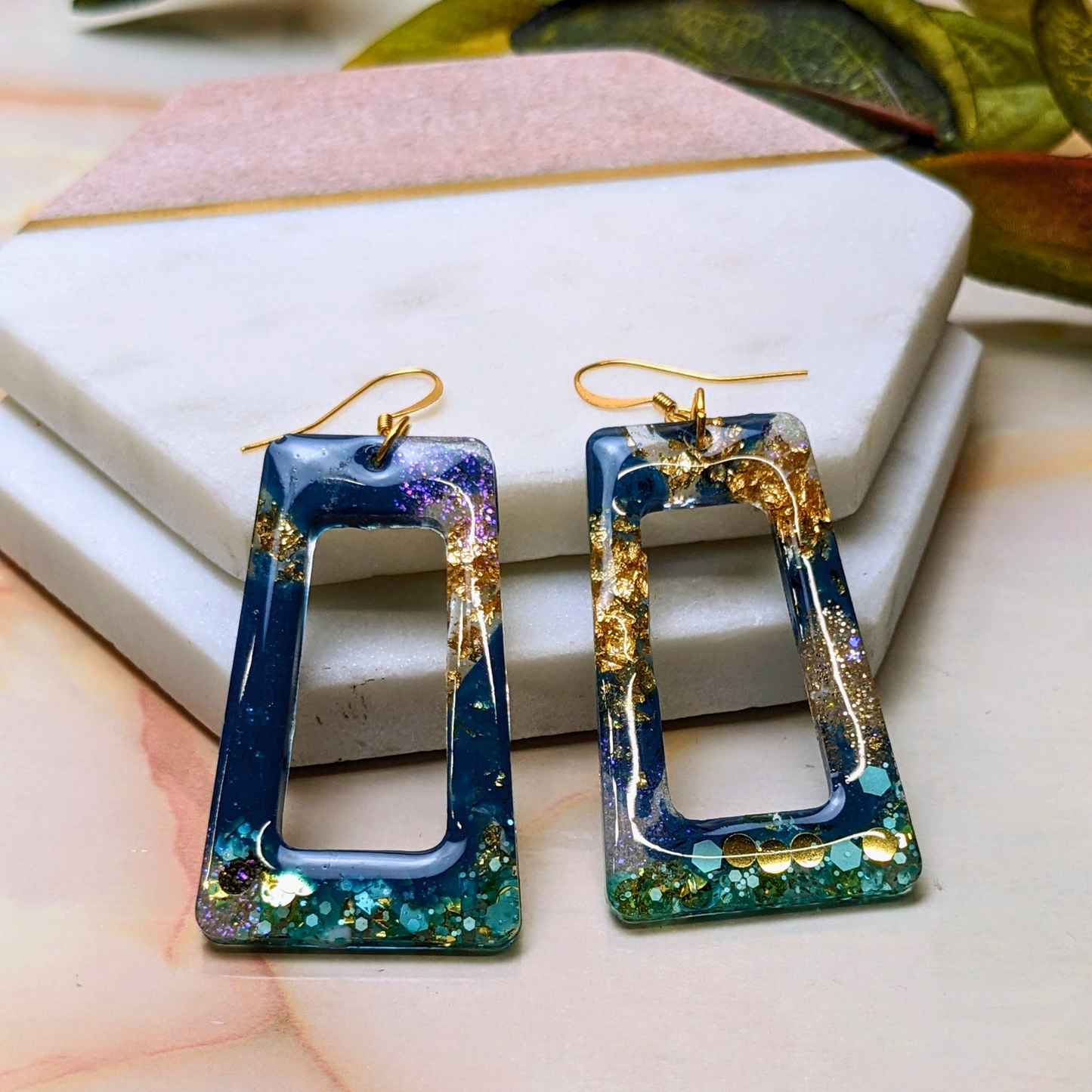 "Adeline" Teal & Gold Trapezium Cut Out Resin Dangle Earrings