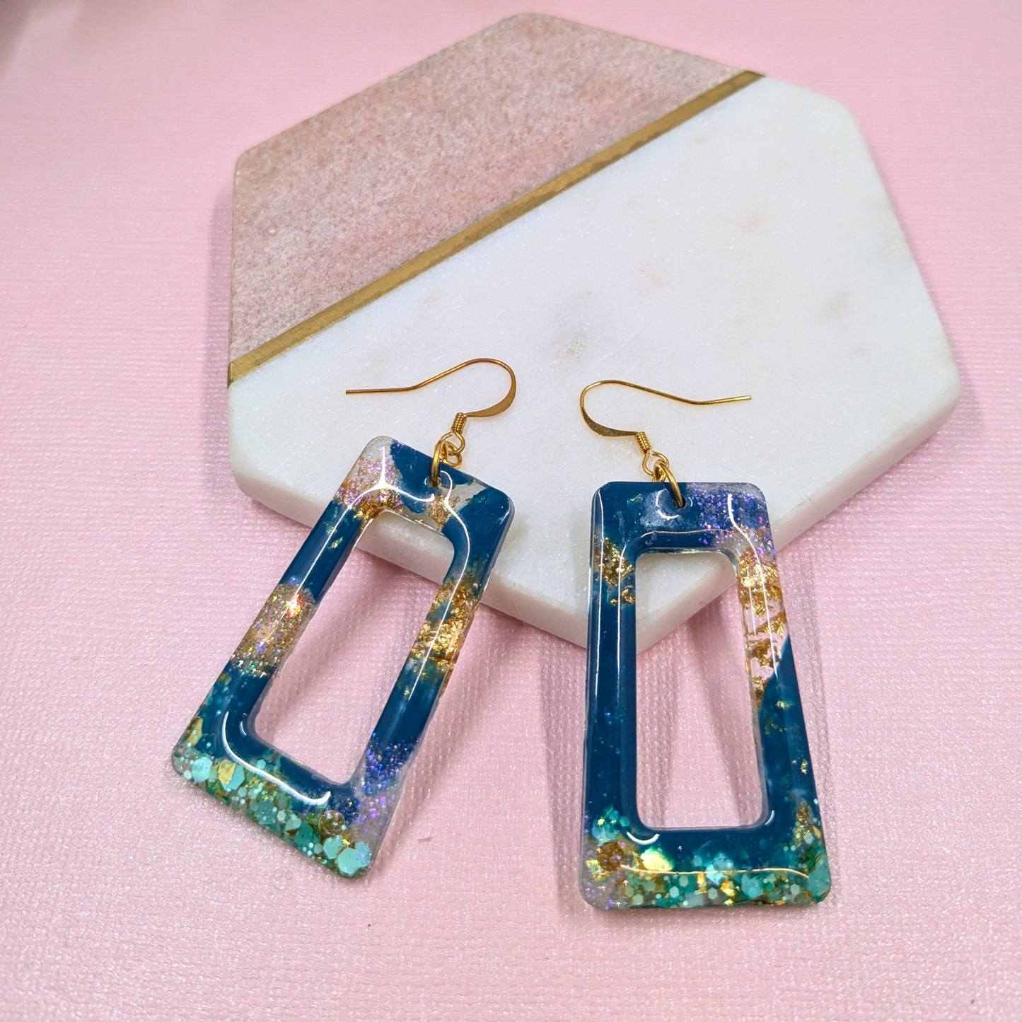 "Adeline" Teal & Gold Trapezium Cut Out Resin Dangle Earrings