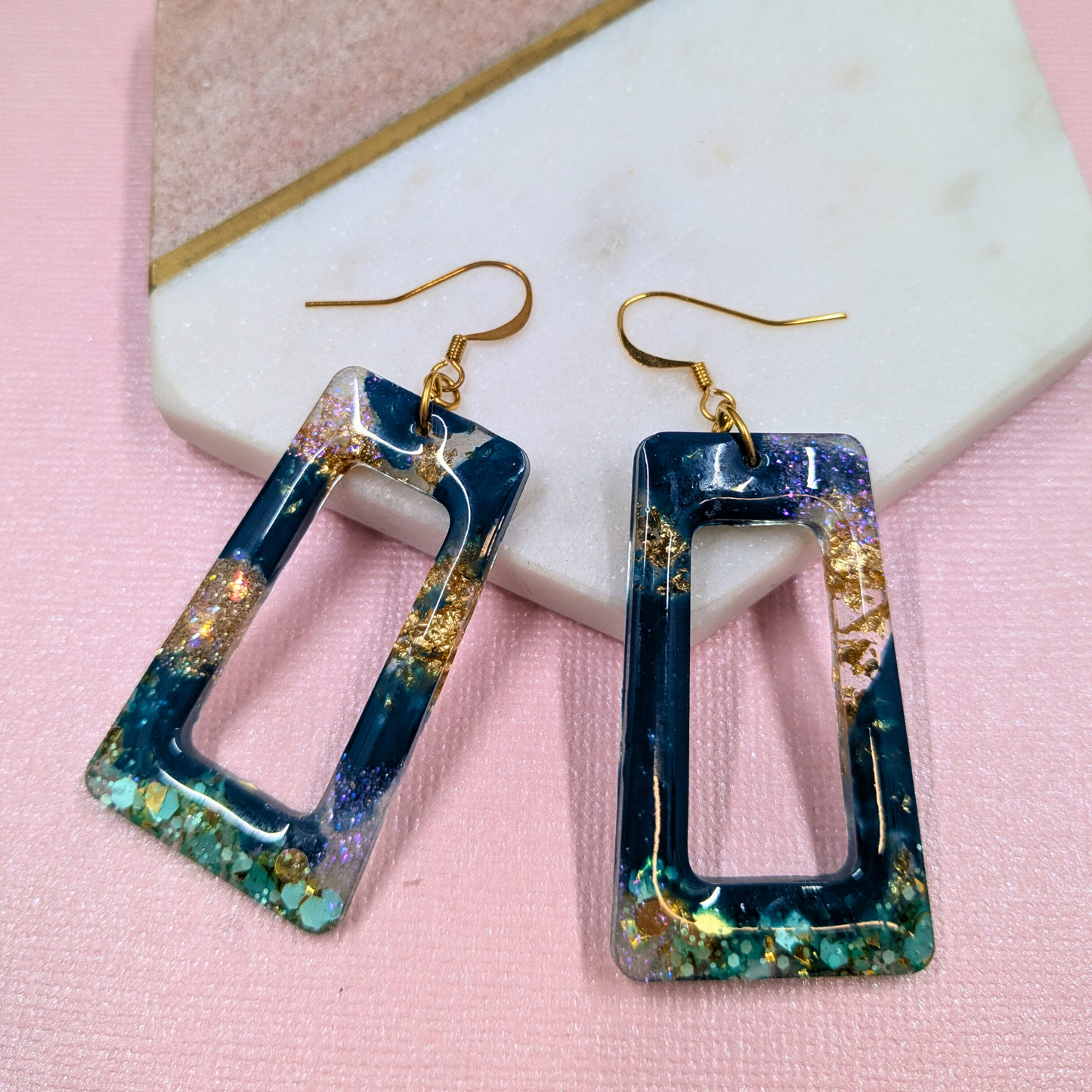 "Adeline" Teal & Gold Trapezium Cut Out Resin Dangle Earrings