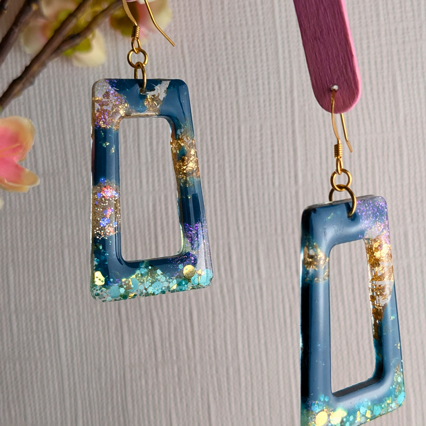 "Adeline" Teal & Gold Trapezium Cut Out Resin Dangle Earrings