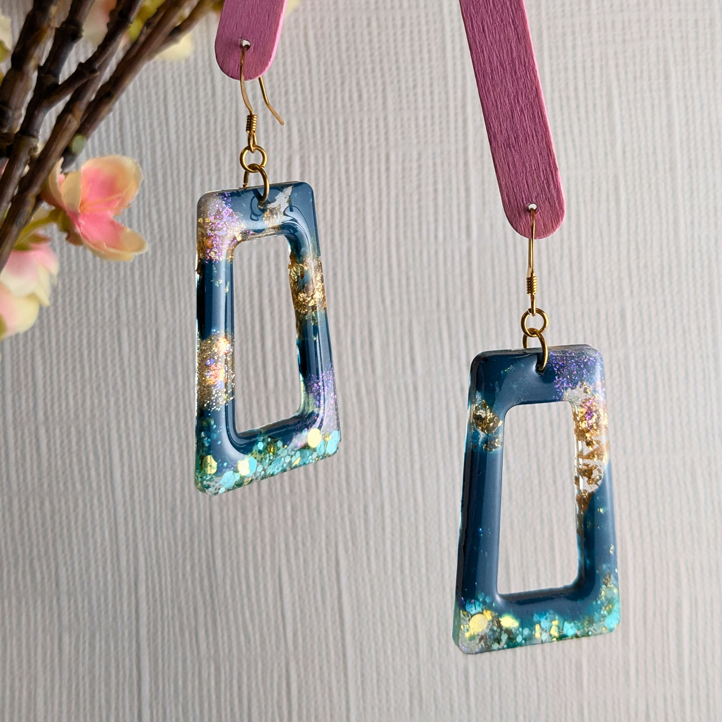 "Adeline" Teal & Gold Trapezium Cut Out Resin Dangle Earrings