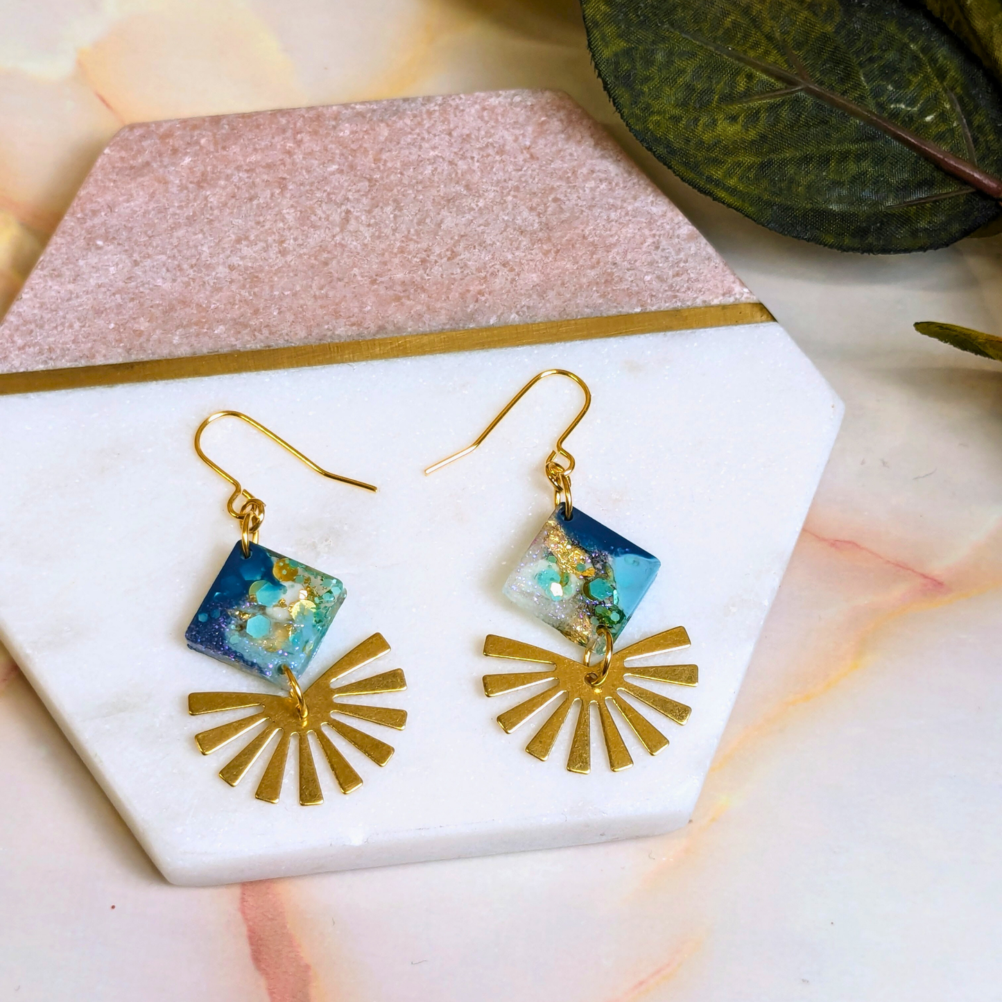 "Alexandra" Teal Glitter Diamond Resin Earrings with Third Sun Brass Charm