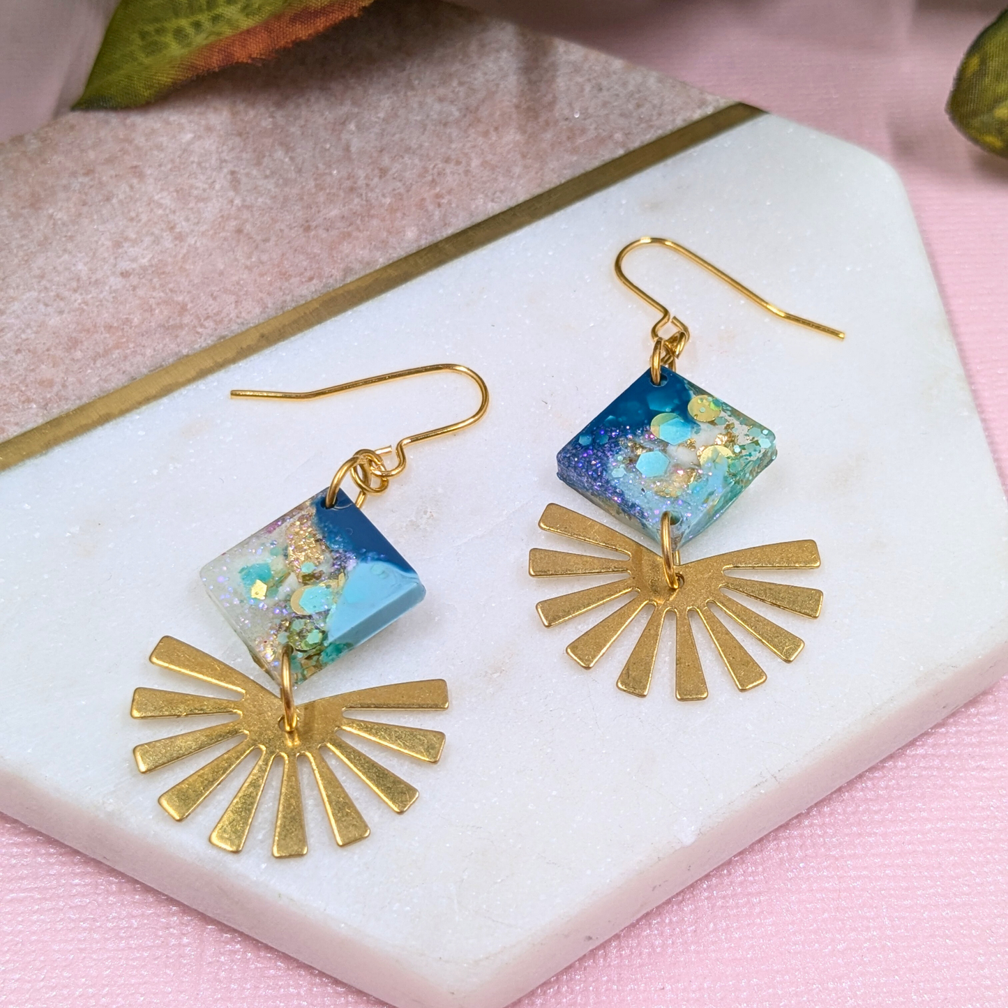 "Alexandra" Teal Glitter Diamond Resin Earrings with Third Sun Brass Charm