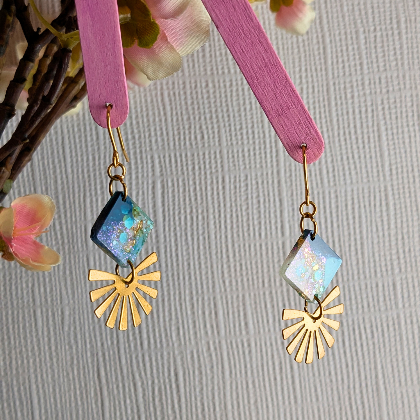 "Alexandra" Teal Glitter Diamond Resin Earrings with Third Sun Brass Charm