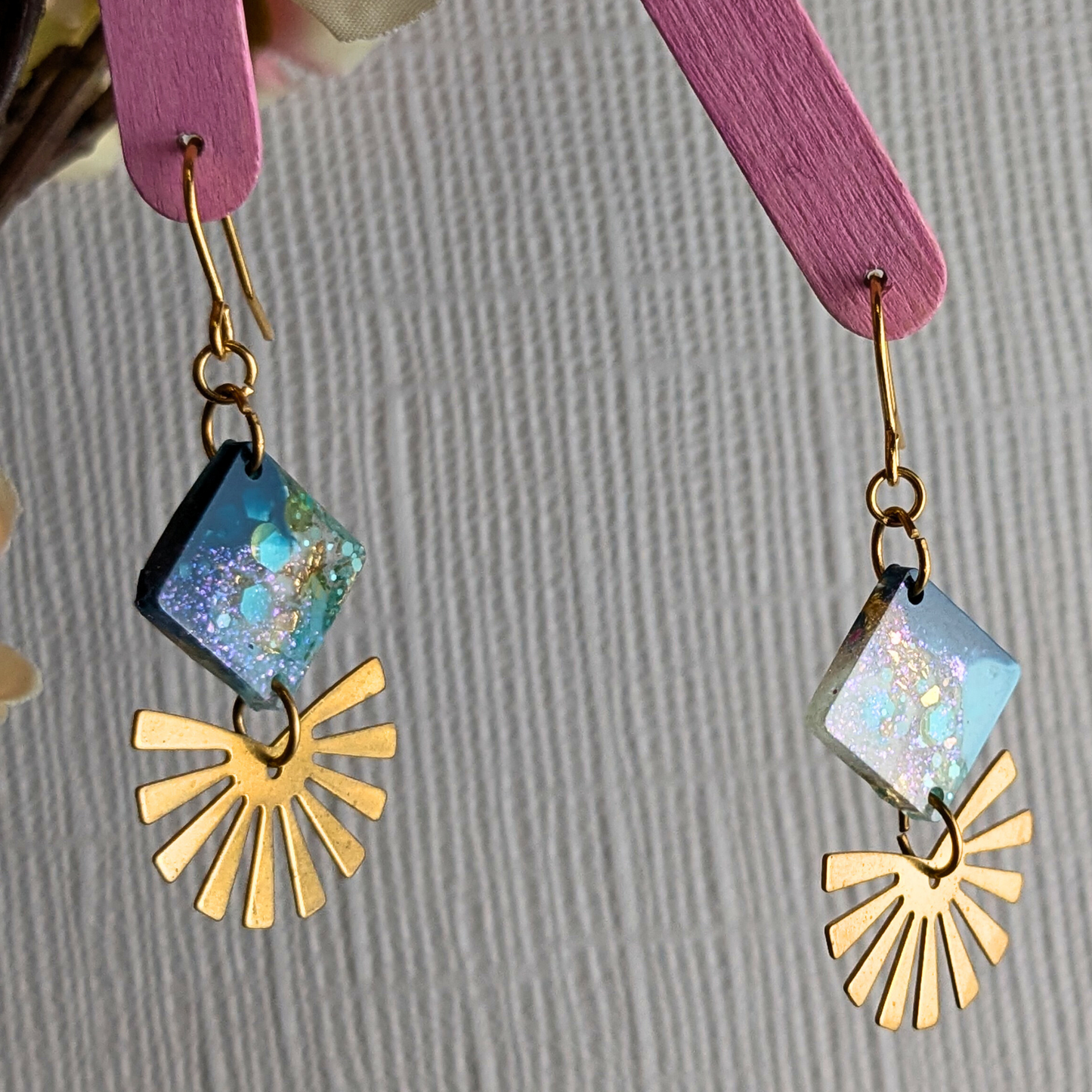 "Alexandra" Teal Glitter Diamond Resin Earrings with Third Sun Brass Charm