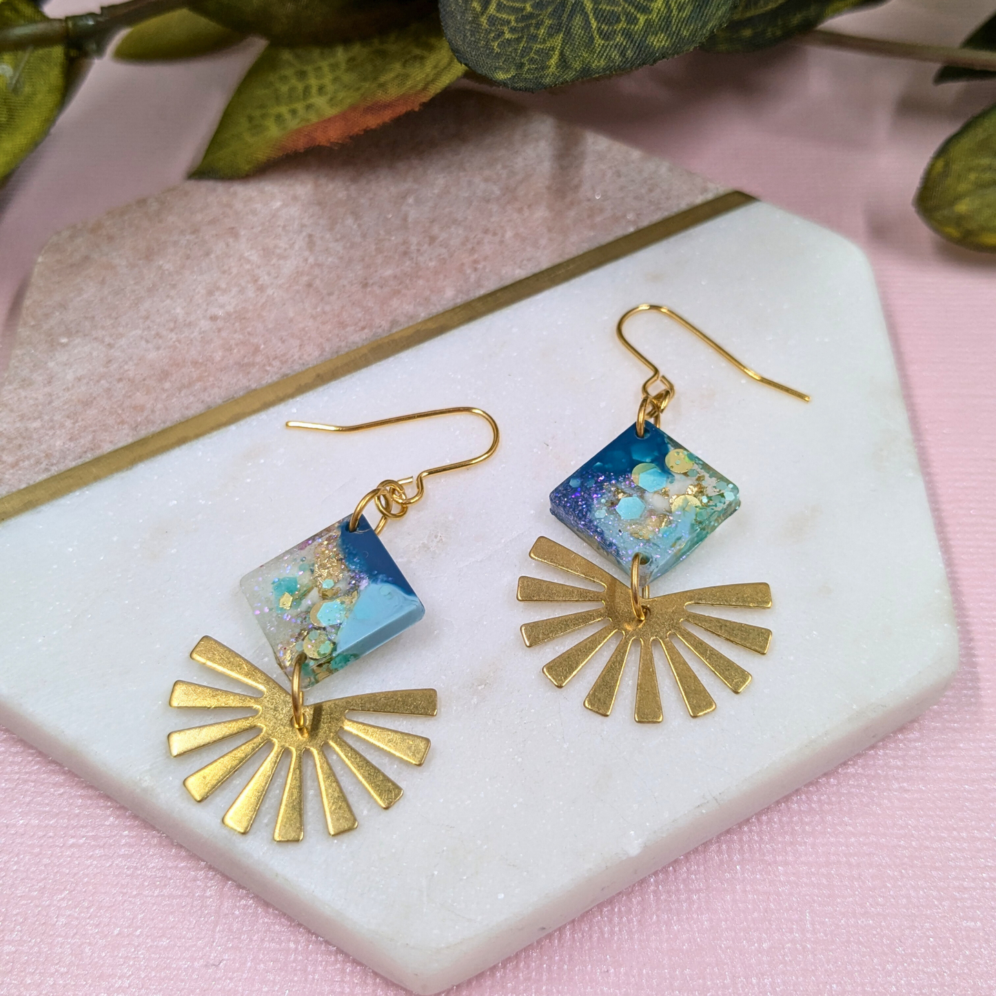 "Alexandra" Teal Glitter Diamond Resin Earrings with Third Sun Brass Charm