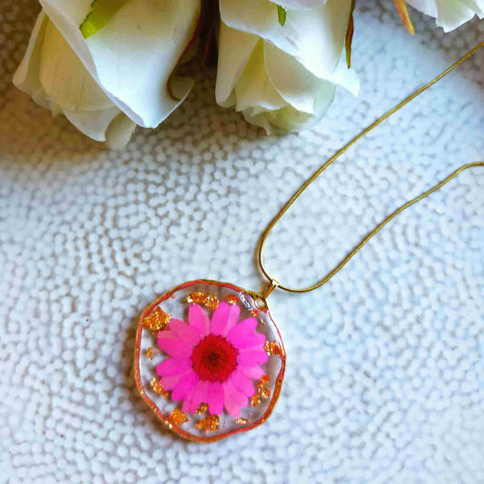"Alyssa" Pink Real Flowers & Gold Leaf Necklace