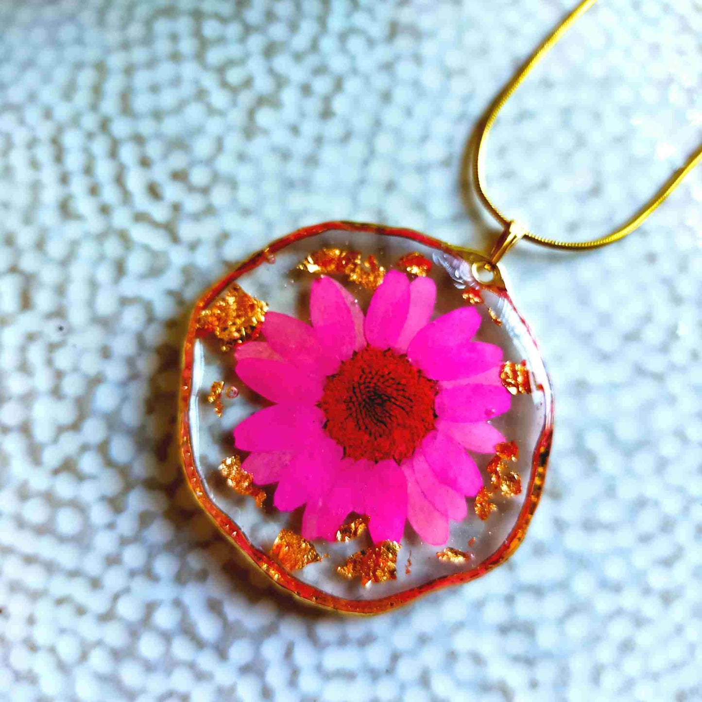"Alyssa" Pink Real Flowers & Gold Leaf Necklace