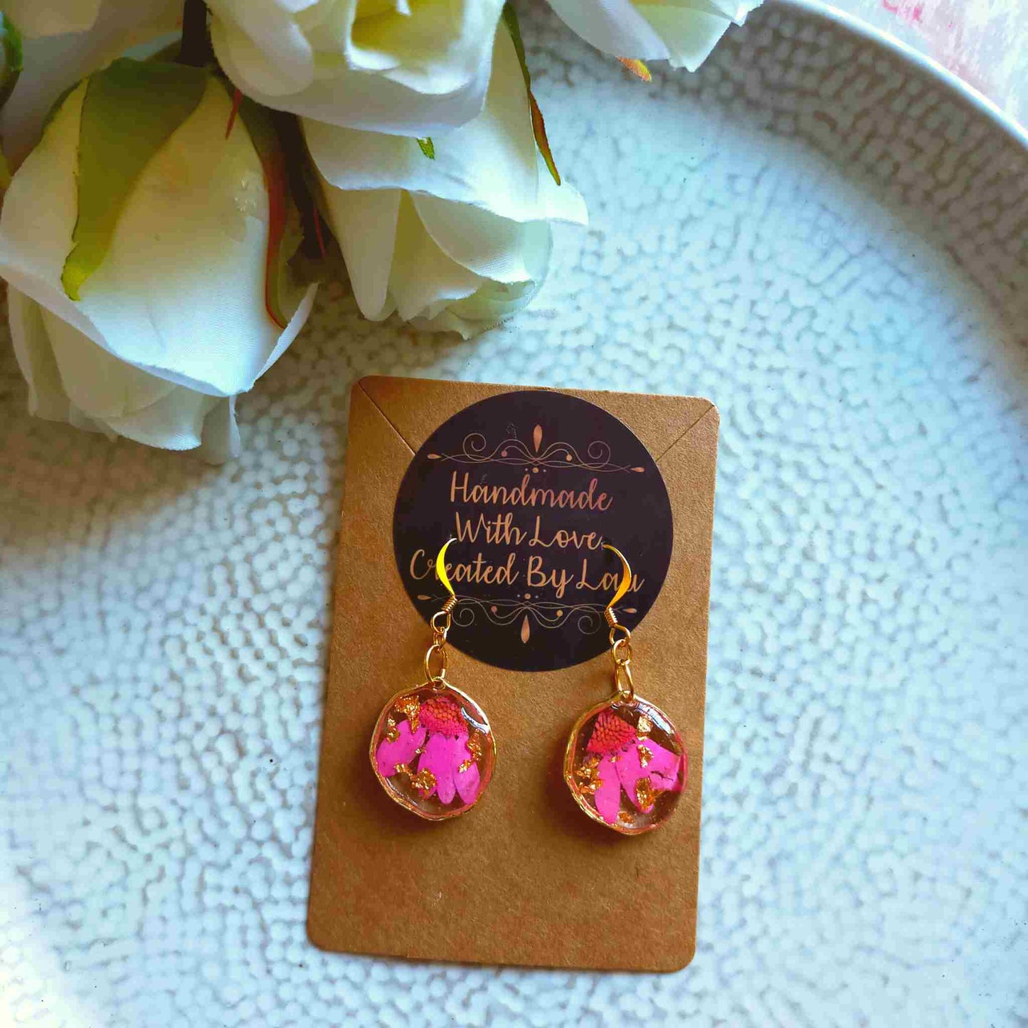 "Alyssa" Pink Real Flowers & Gold Leaf Small Earrings