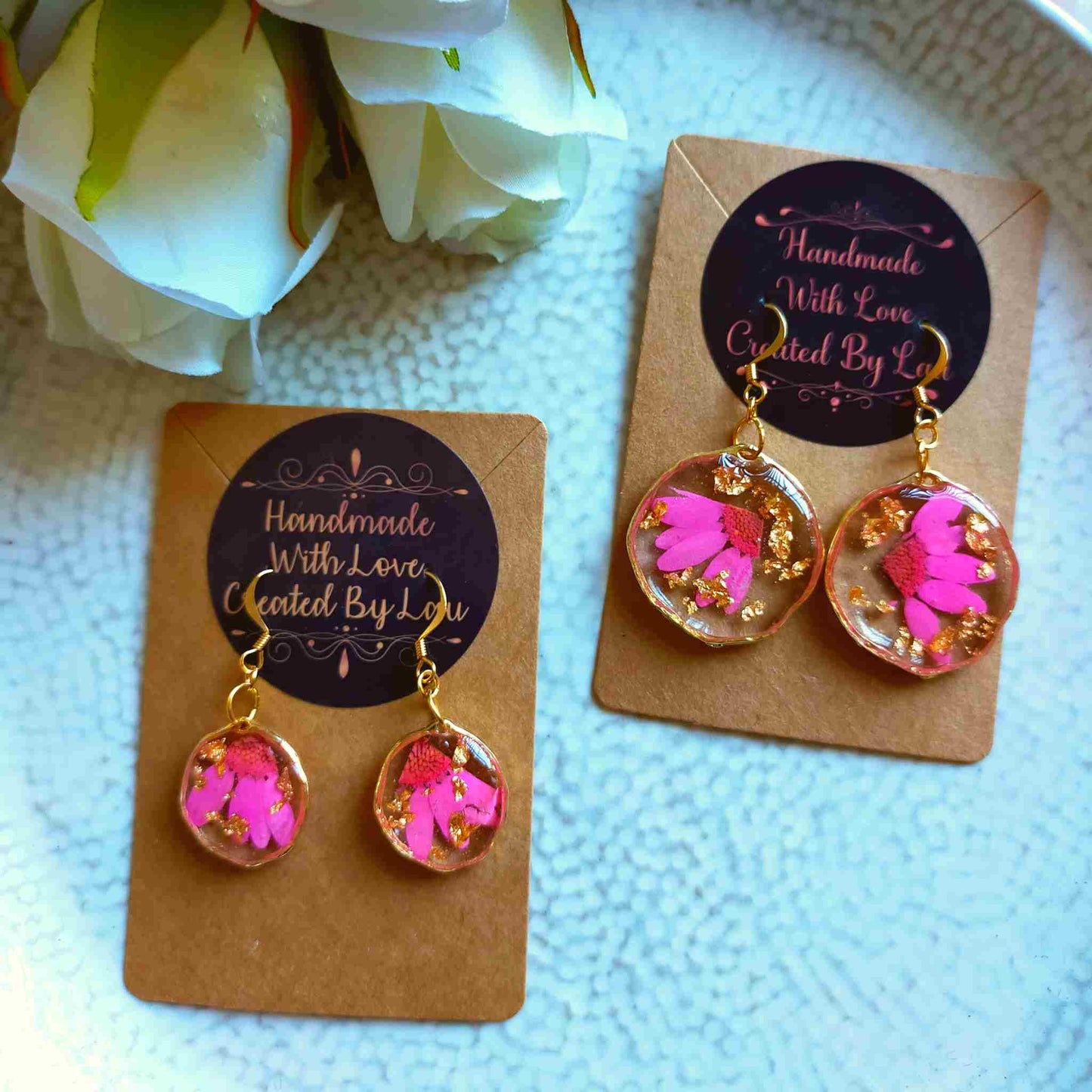 "Alyssa" Pink Real Flowers & Gold Leaf Small Earrings
