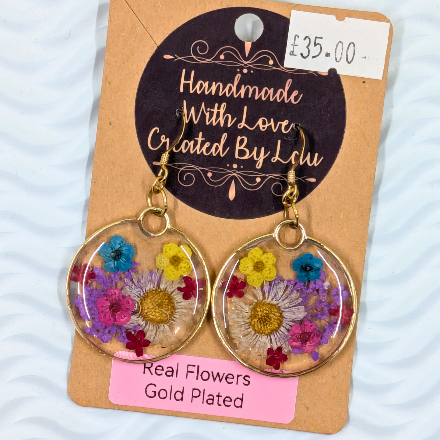"Alyssa" Real Flowers Yellow, Pink, Teal Blossom with Gold Leaf Bezel Dangle Earrings