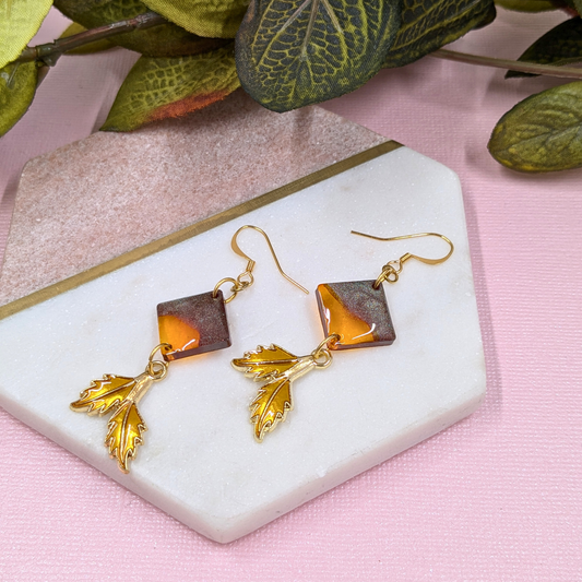 "Amber" Brown Diamond Resin Dangle Earrings with Golden Leaf Charm | Handmade Boho Jewellery