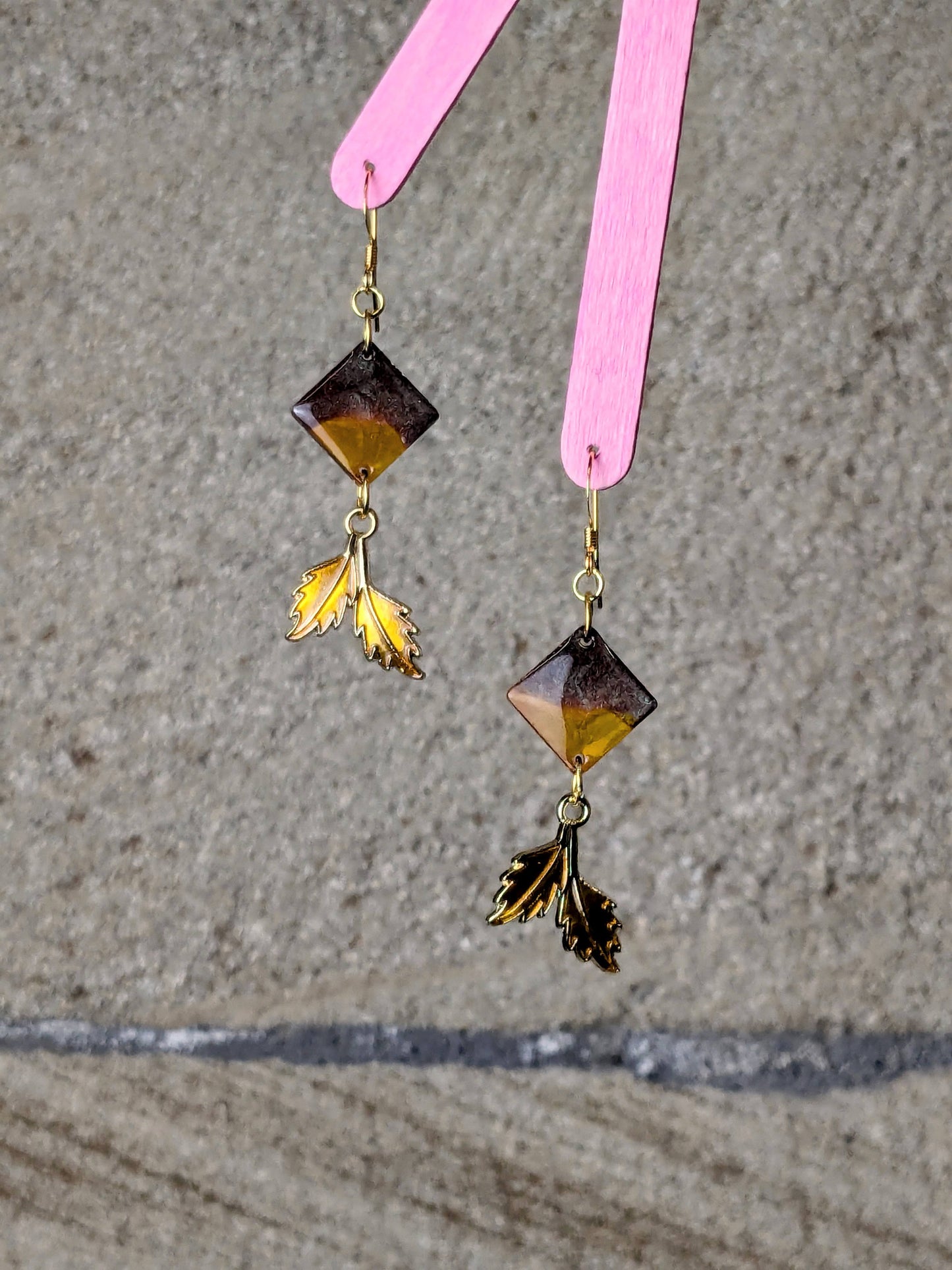 Amber Brown Diamond Resin Dangle Earrings with Golden Leaf Charm | Handmade Boho Jewellery