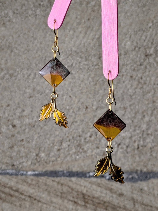 Amber Brown Diamond Resin Dangle Earrings with Golden Leaf Charm | Handmade Boho Jewellery