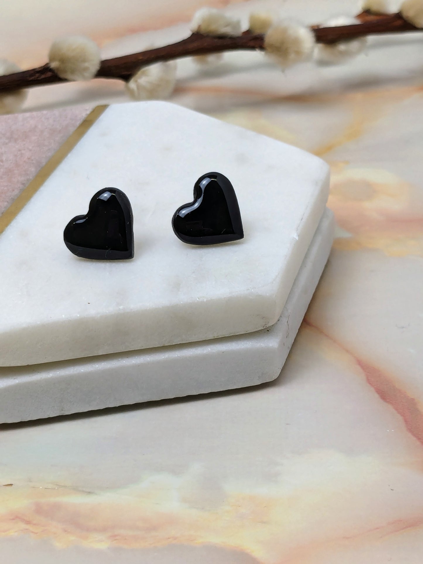 "Amy" Black Polymer Clay Heart Stud Earrings - Valentine's Collection