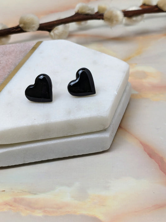 "Amy" Black Polymer Clay Heart Stud Earrings