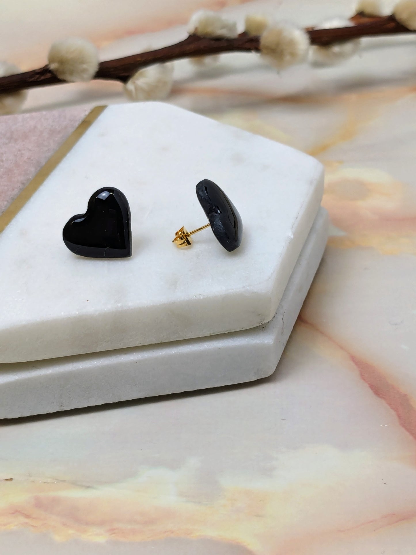 "Amy" Black Polymer Clay Heart Stud Earrings