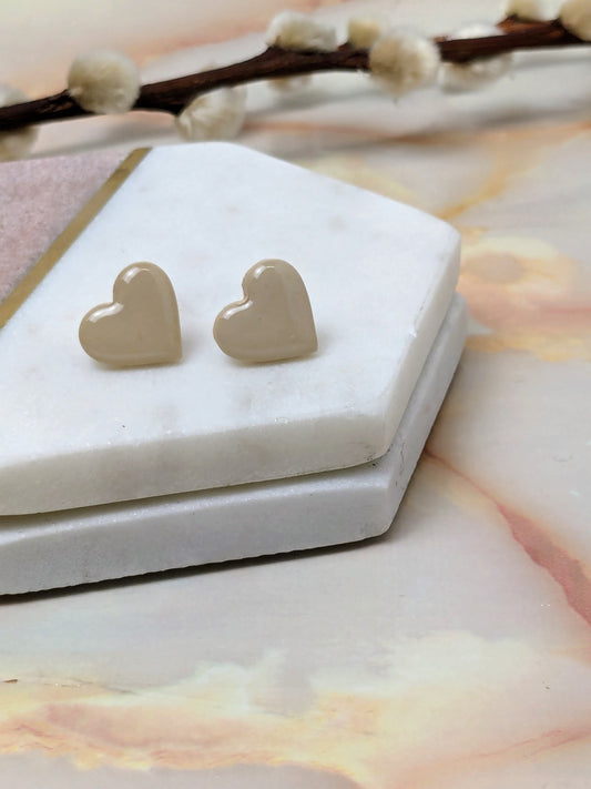"Amy" Beige Polymer Clay Heart Stud Earrings