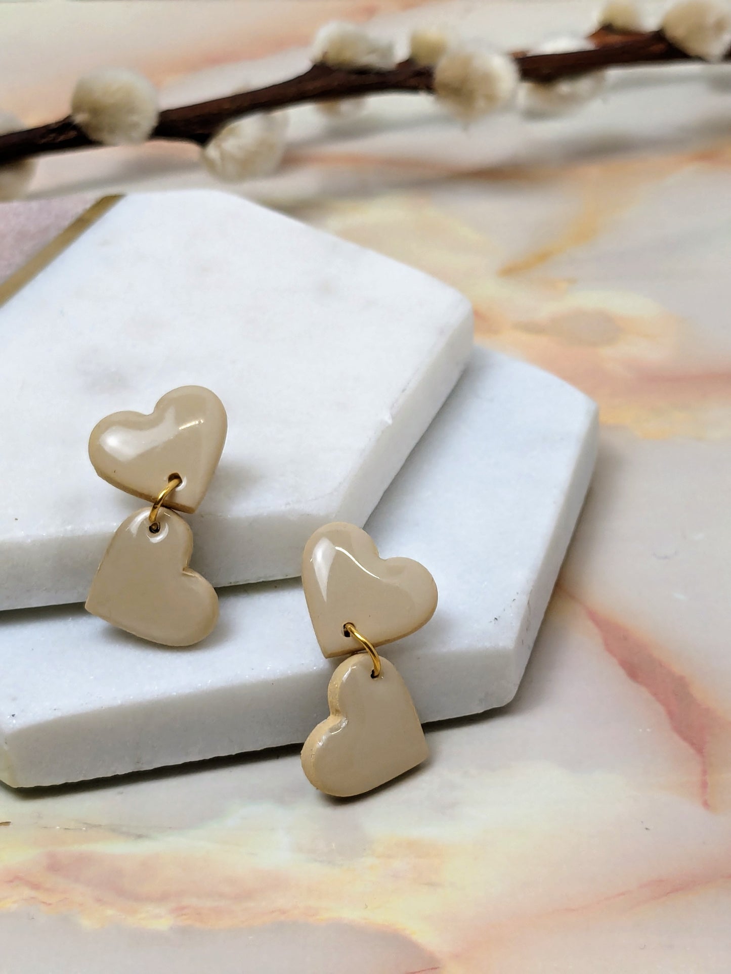"Amy Dangle" Beige Polymer Clay Heart Stud Earrings