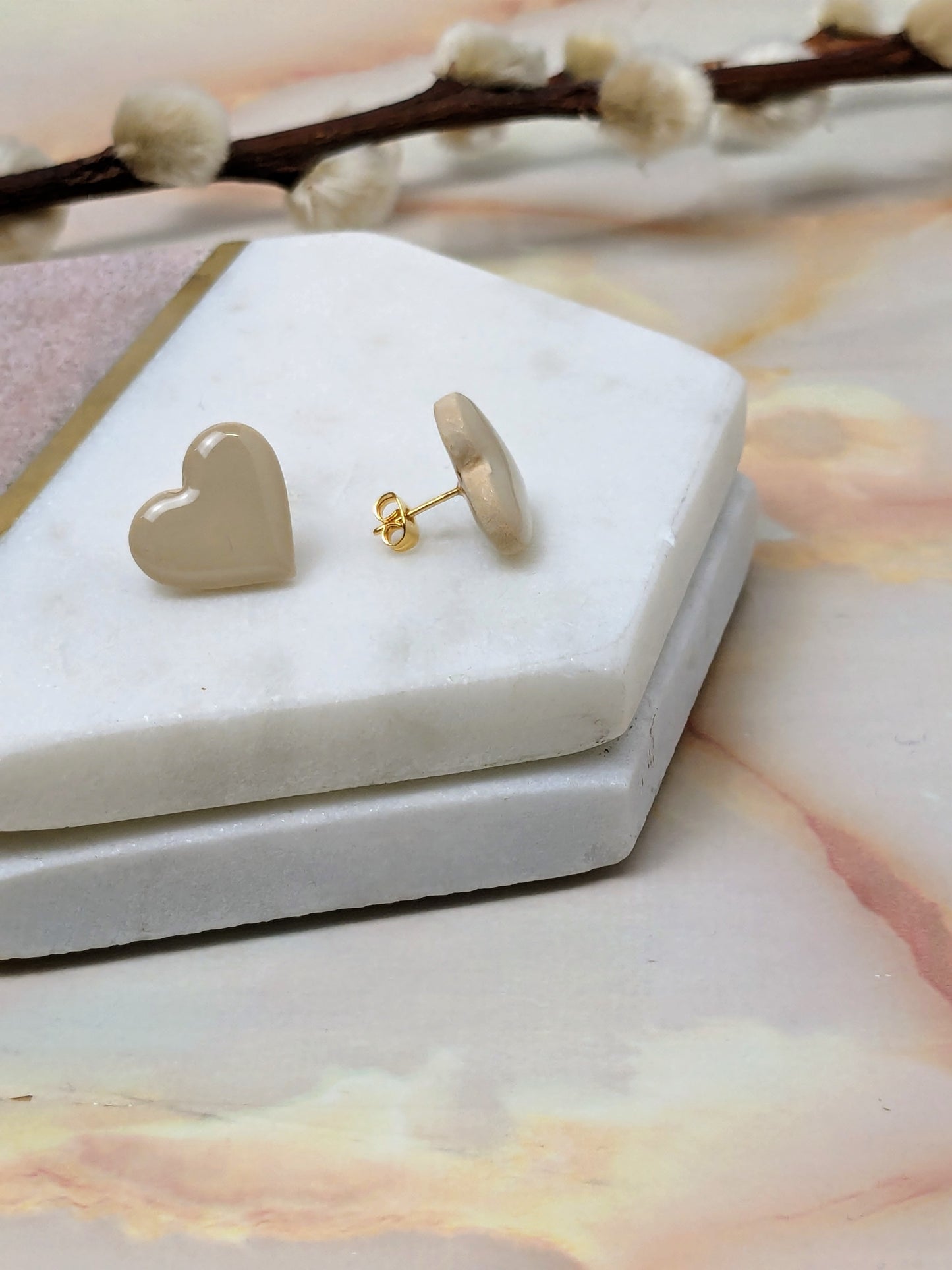 "Amy" Beige Polymer Clay Heart Stud Earrings