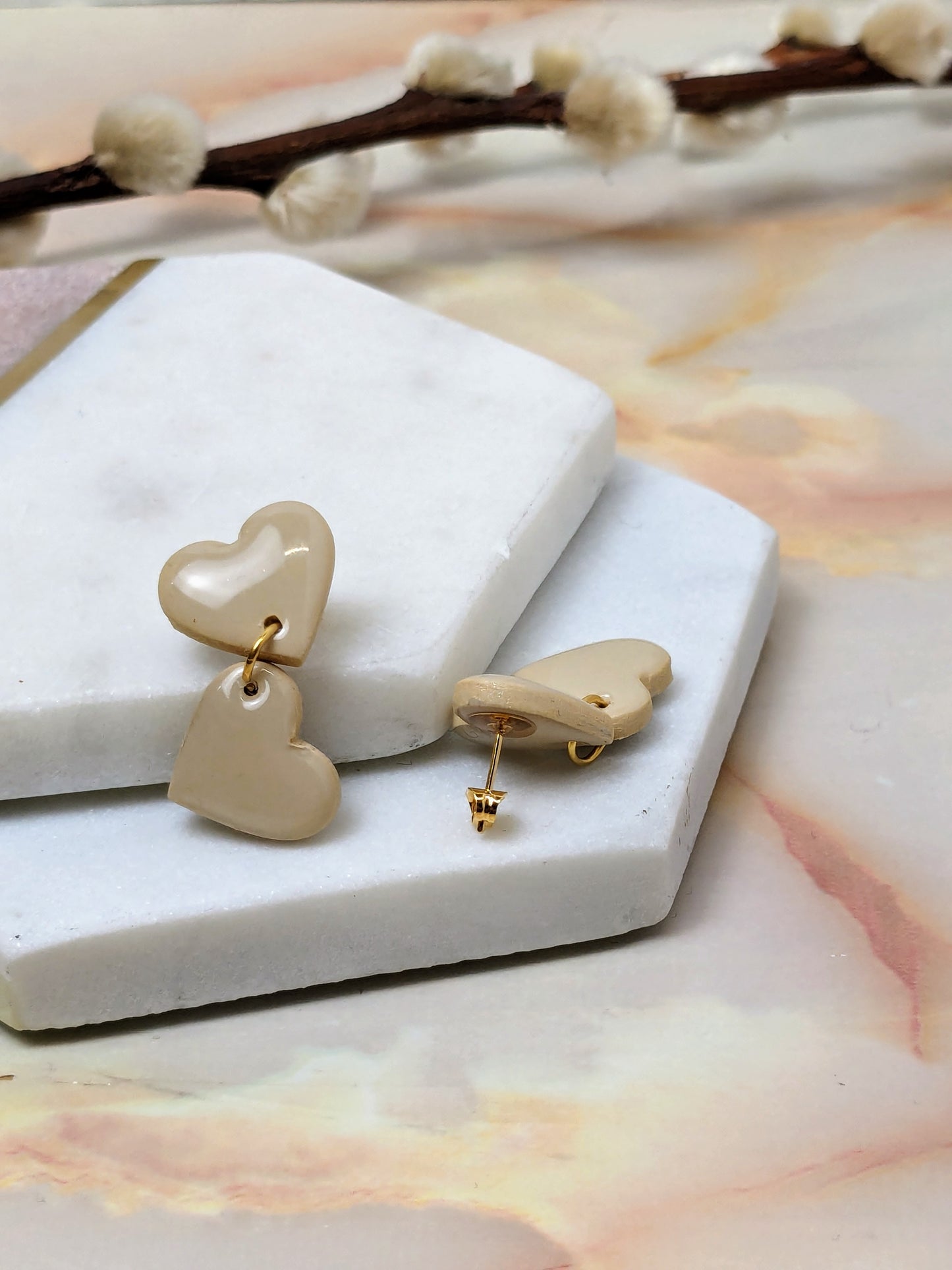 "Amy Dangle" Beige Polymer Clay Heart Stud Earrings