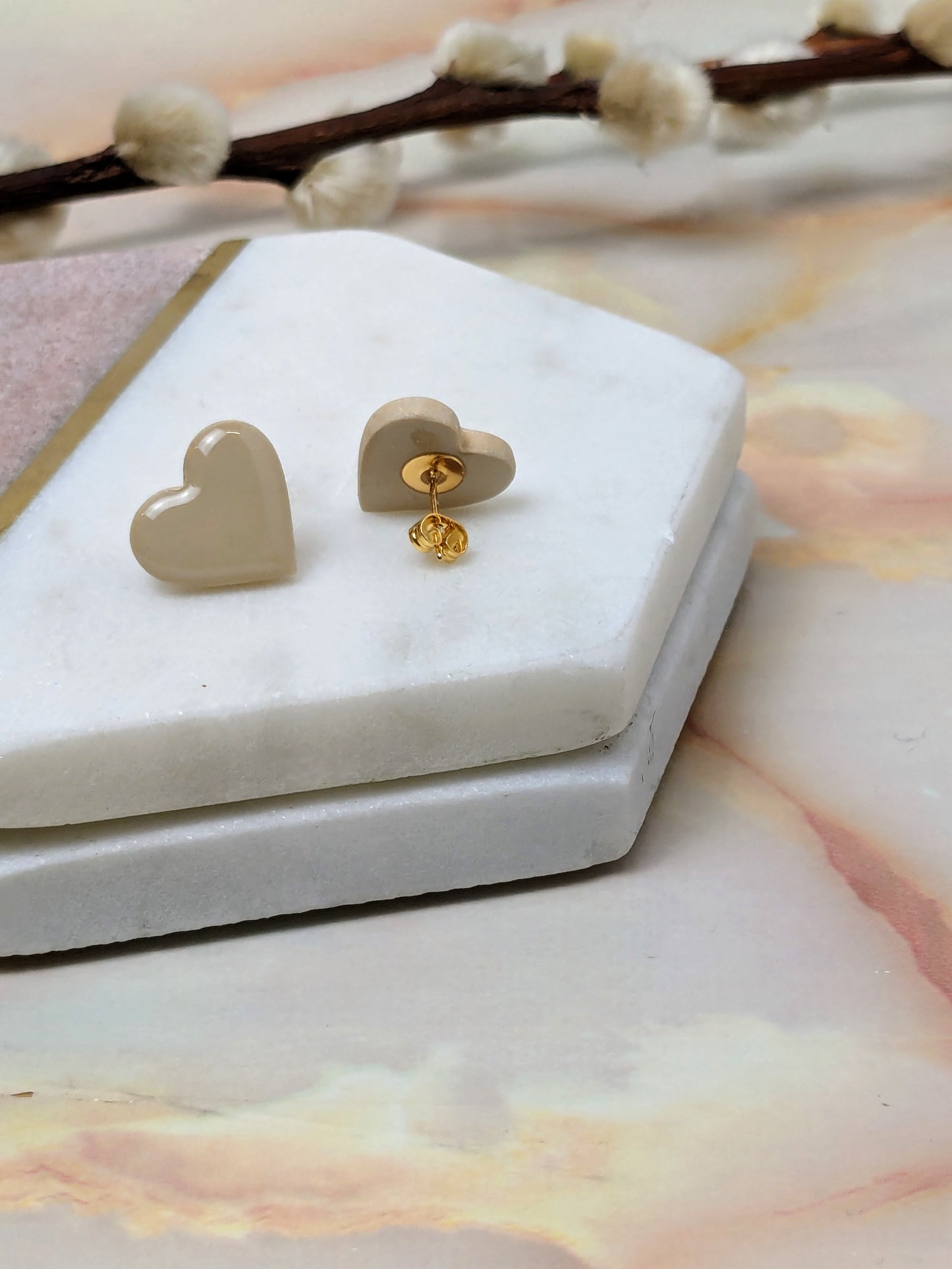 "Amy" Beige Polymer Clay Heart Stud Earrings - Valentine's Collection