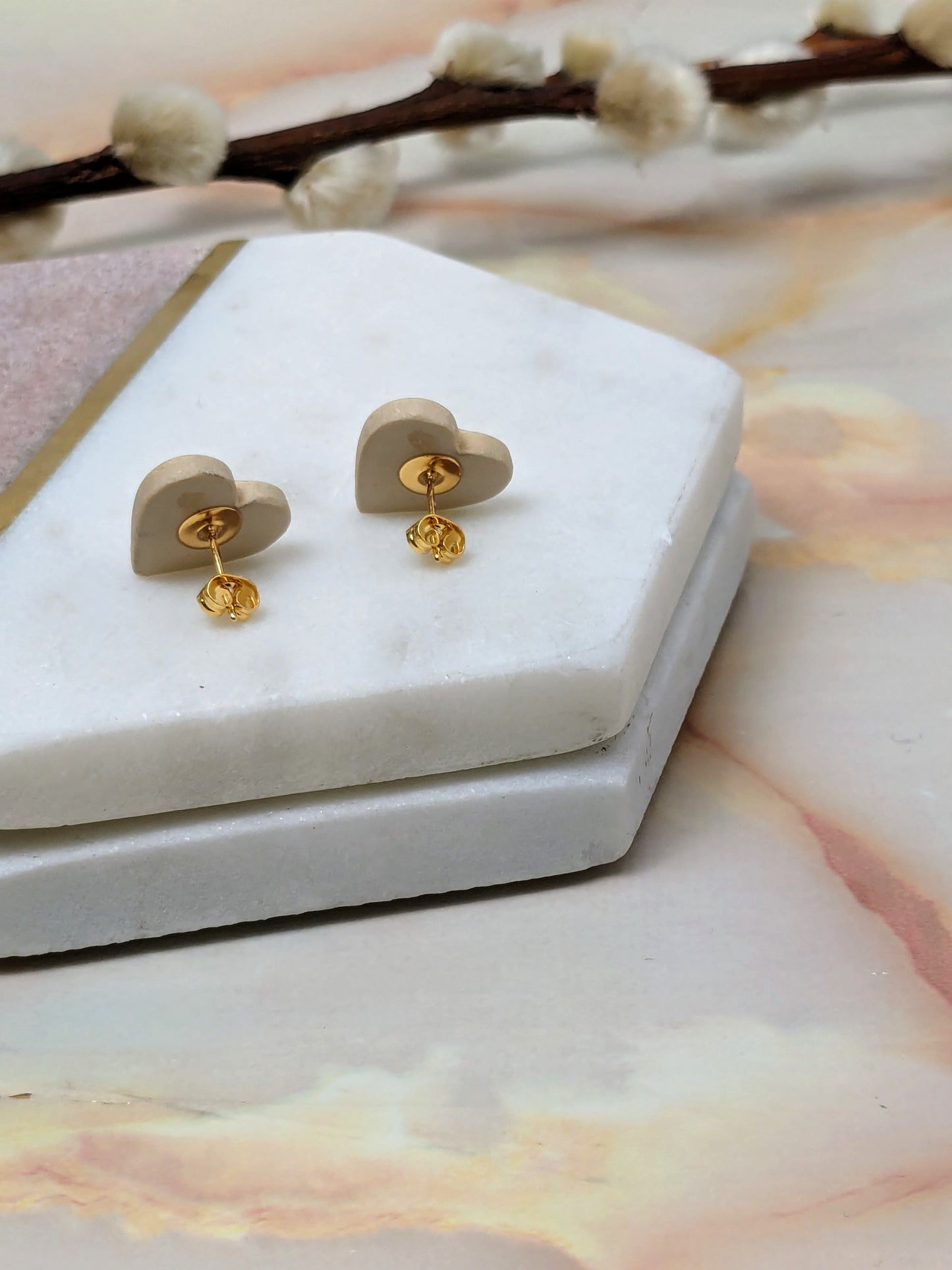 "Amy" Beige Polymer Clay Heart Stud Earrings - Valentine's Collection