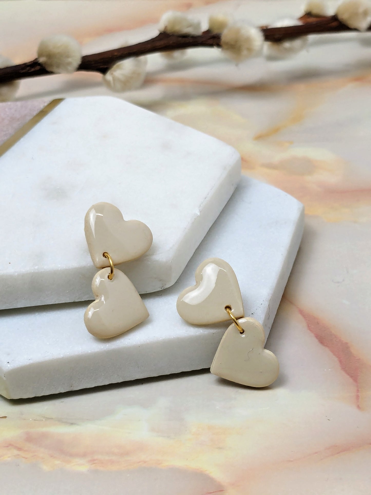 "Amy Dangle" Off White Polymer Clay Heart Stud Earrings