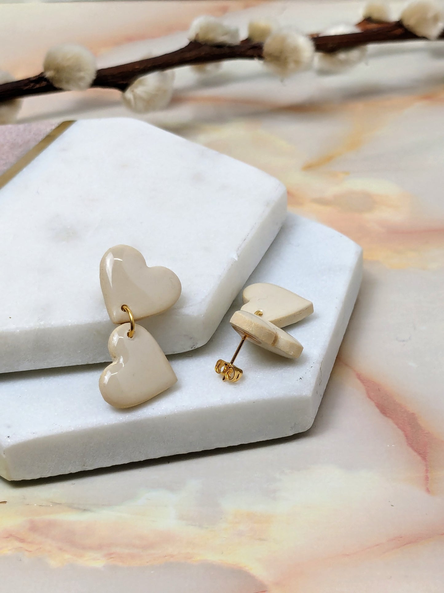 "Amy Dangle" Off White Polymer Clay Heart Stud Earrings