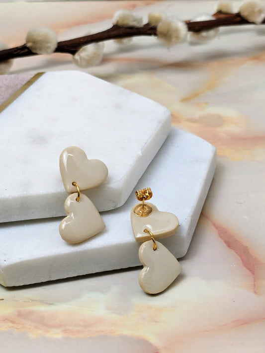 "Amy Dangle" Off White Polymer Clay Heart Stud Earrings