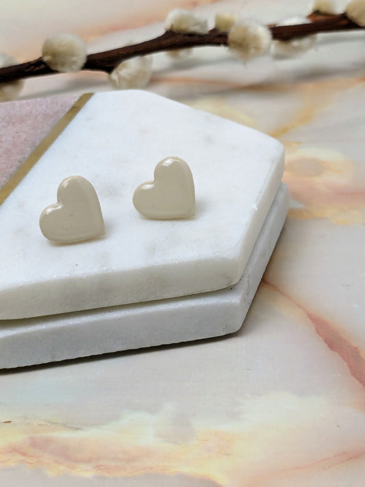 "Amy" Off White Polymer Clay Heart Stud Earrings