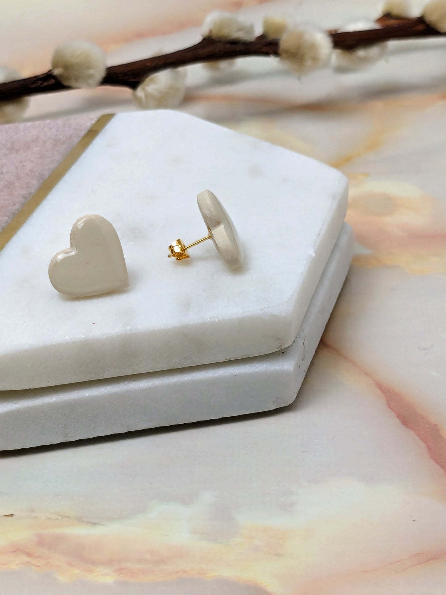 "Amy" Off White Polymer Clay Heart Stud Earrings  - Valentine's Collection