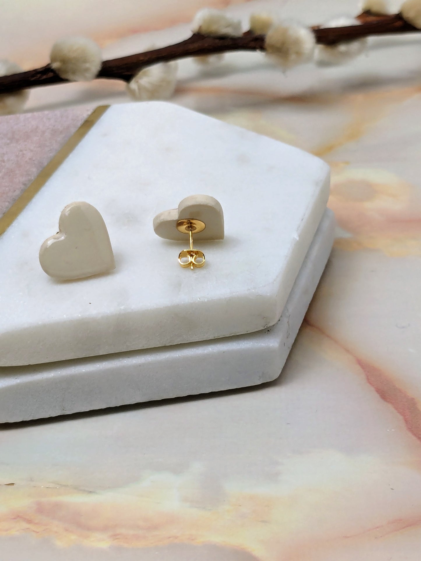 "Amy" Off White Polymer Clay Heart Stud Earrings  - Valentine's Collection