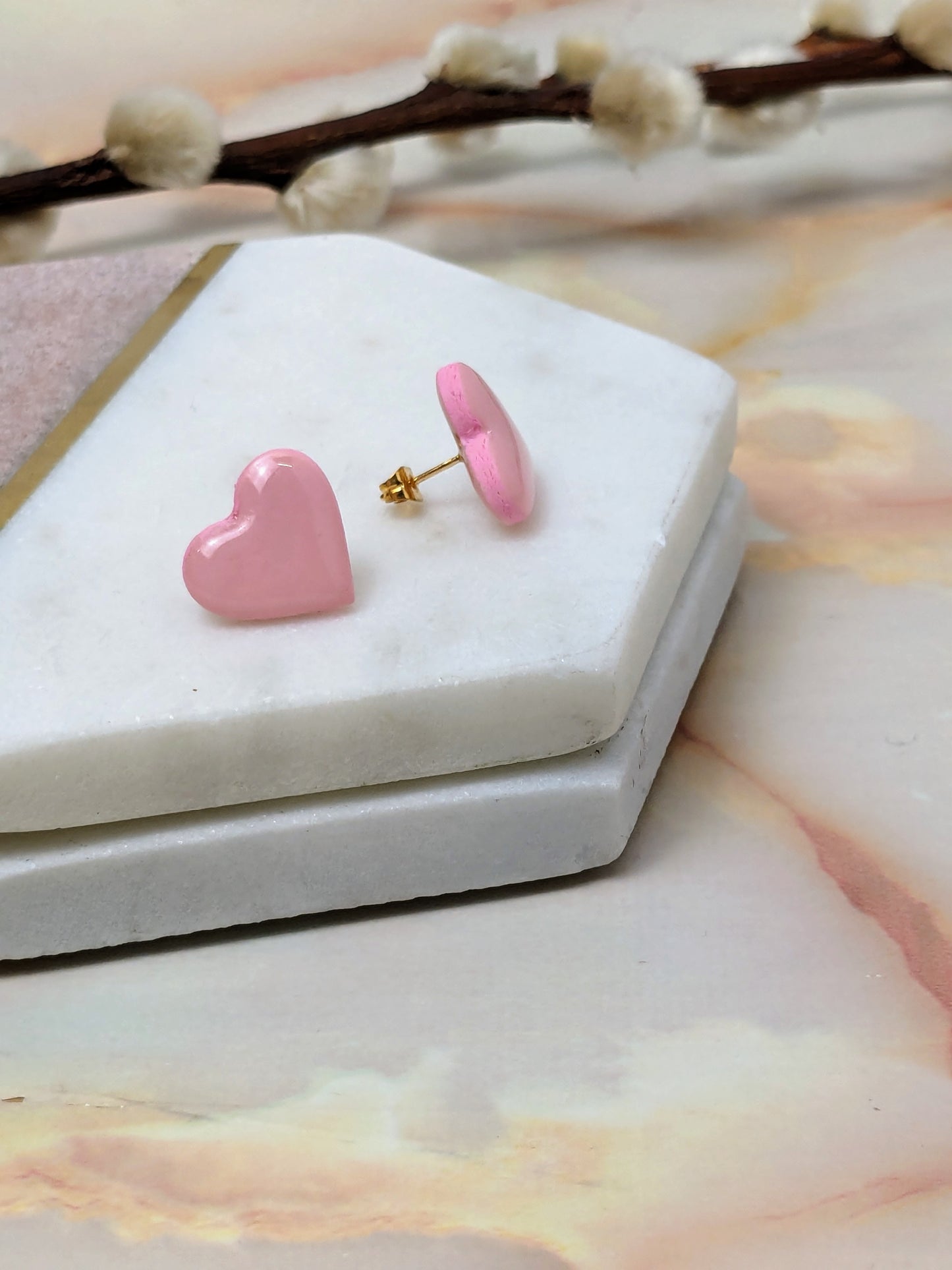 "Amy" Pink Polymer Clay Heart Stud Earrings