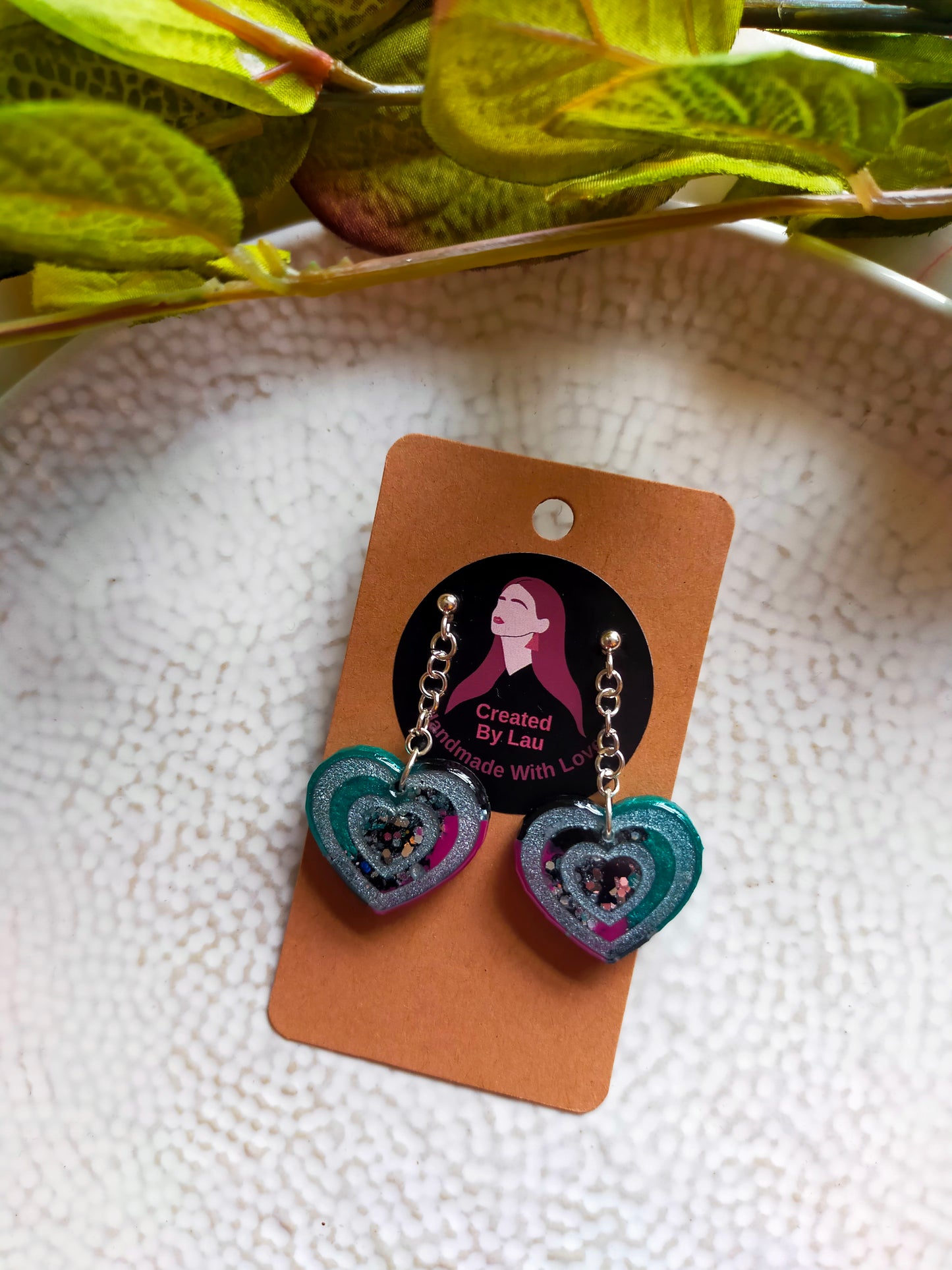 "Annabel" Aqua Pink Glitter Resin Heart Chain Dangle Sliver Plated Earrings