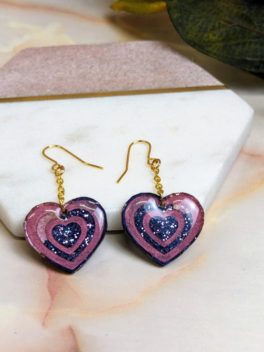"Annabel" Navy Rose Gold Glitter Resin Heart Chain Dangle Gold Plated Earrings