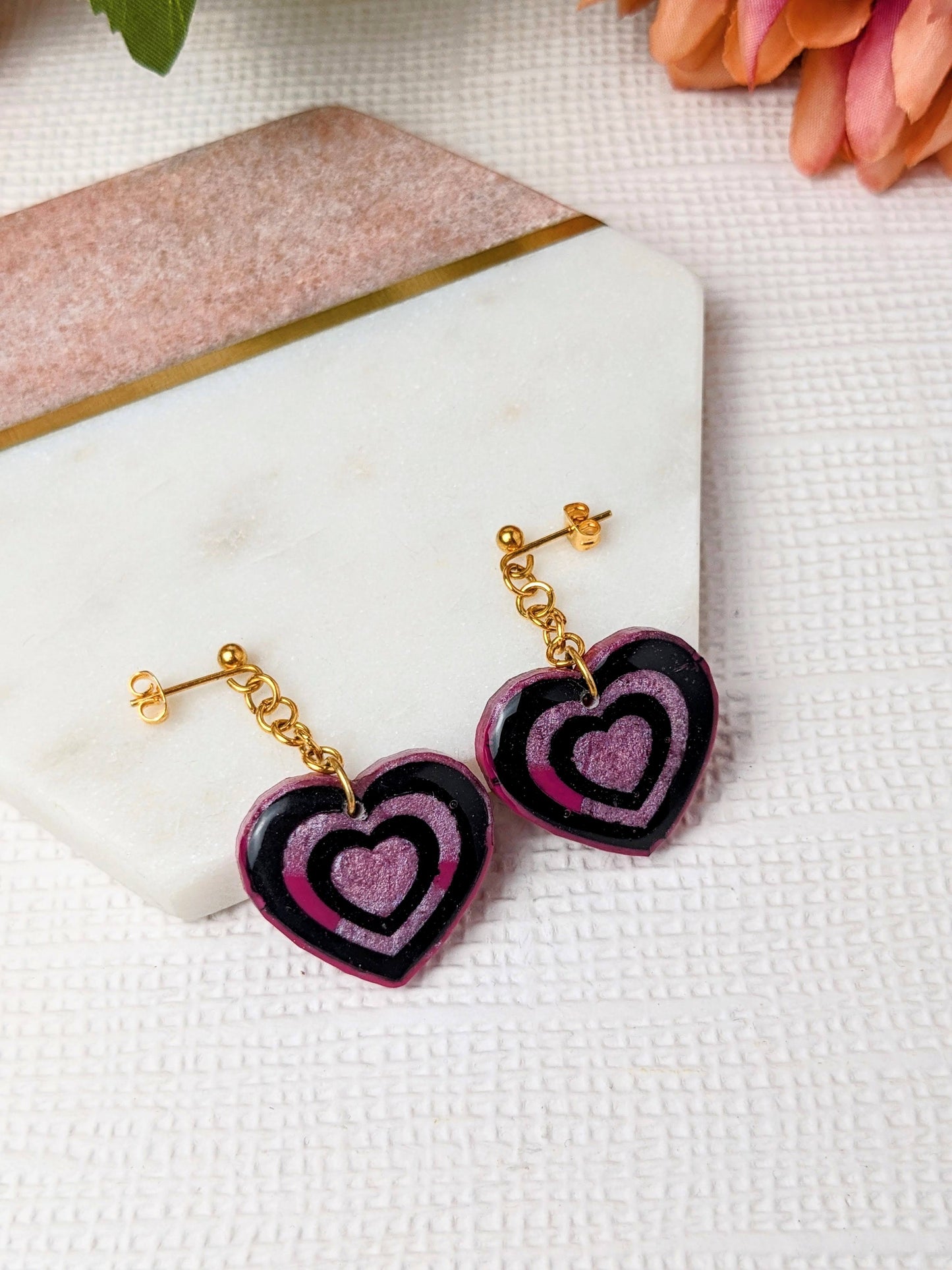 "Annabel" Pink Black Heart Resin Chain Dangle Earrings - Valentine's Collection