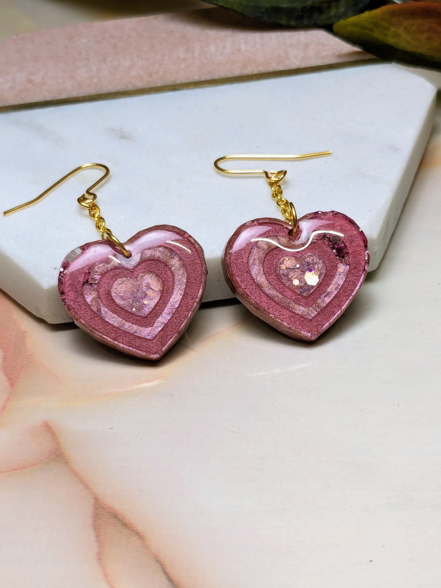 "Annabel" Pink Rose Gold Glitter Resin Heart Chain Dangle Gold Plated Earrings